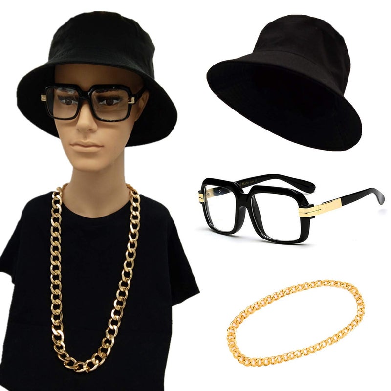 Feacole 80s/90s Hip Hop Costume Kit- Cotton Bucket Hat,Big Chunky Miami Cuban Chain Necklace,80's Gazelle Vintage Glasses (XL) - Image 5